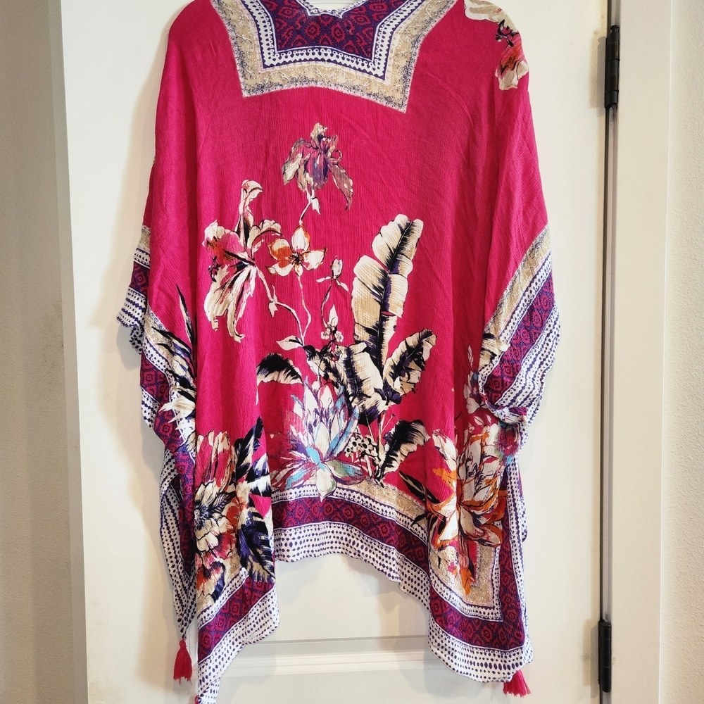 Vince Camuto Vibrant Multicolored Floral Kimono Pink Tassels One Size Boho Beach - Picture 2 of 12